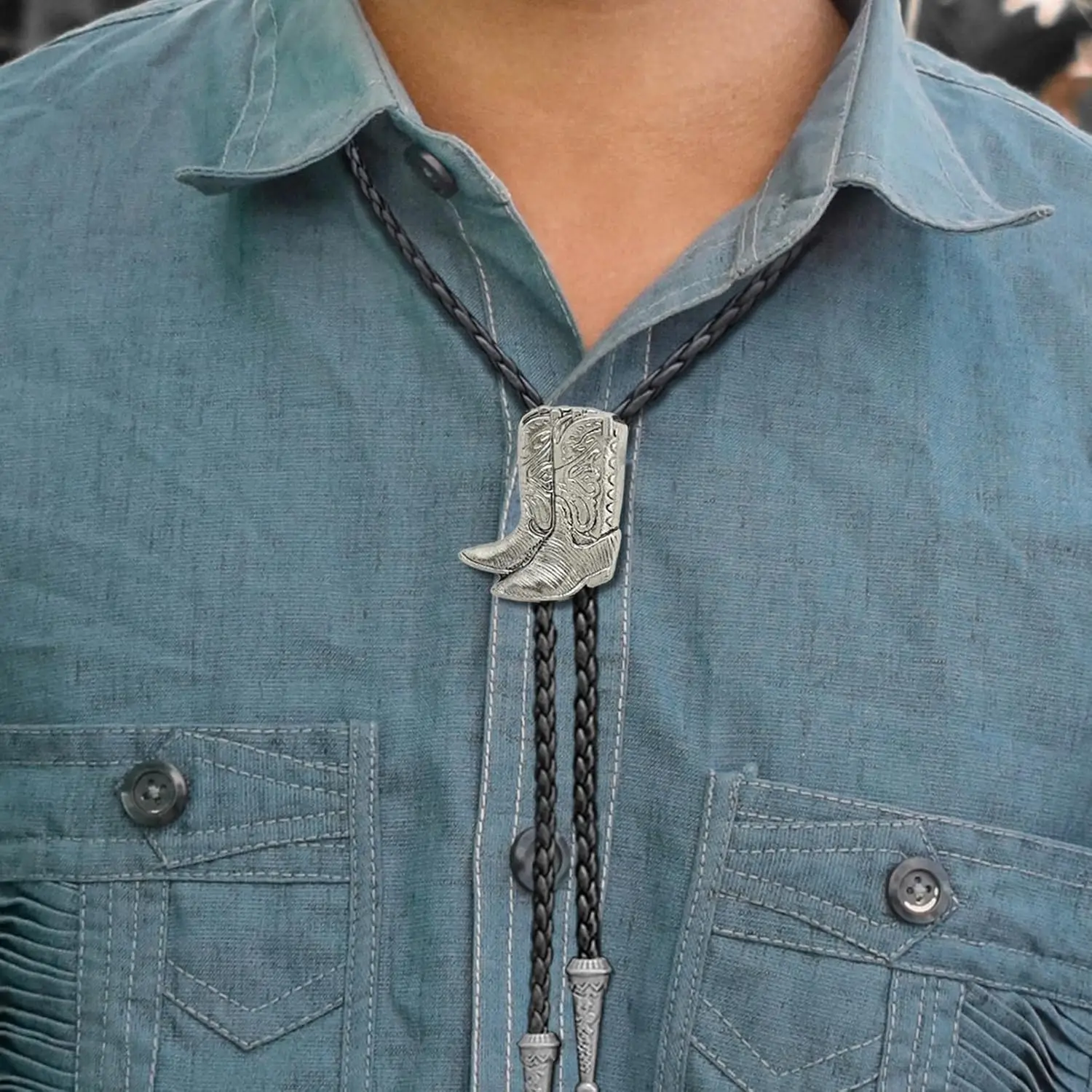 Cowboy Boots Rodeo Country Western Leather Bolo Bola Tie Line Dance Neck Fashion Jewelry Man Pendant Necklace Chain Accessories