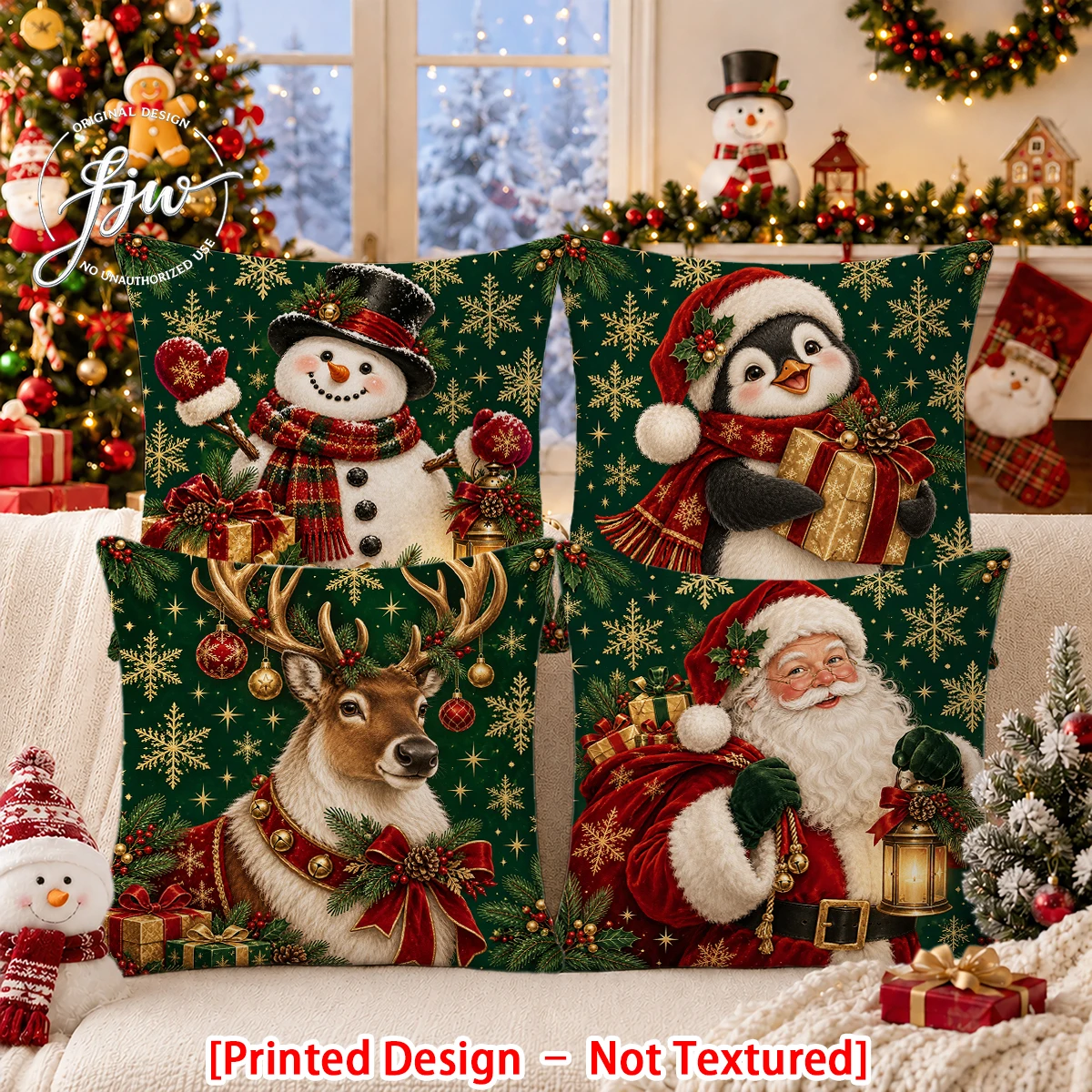 2/4pc Christmas Vintage Snowman Penguin Reindeer Santa Throw Pillow Covers Holiday Decor Cushion Cases