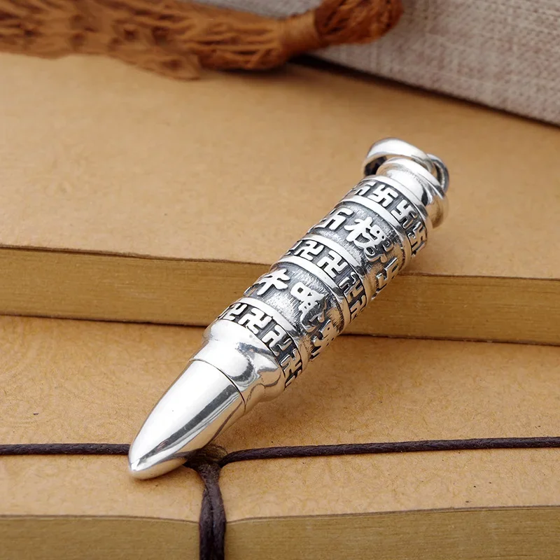 New in silver 925 Ethnic Style Embossed design Six Word Mantra Pendant cylindrical glossy Men's necklaces Simplicity  Jewelry