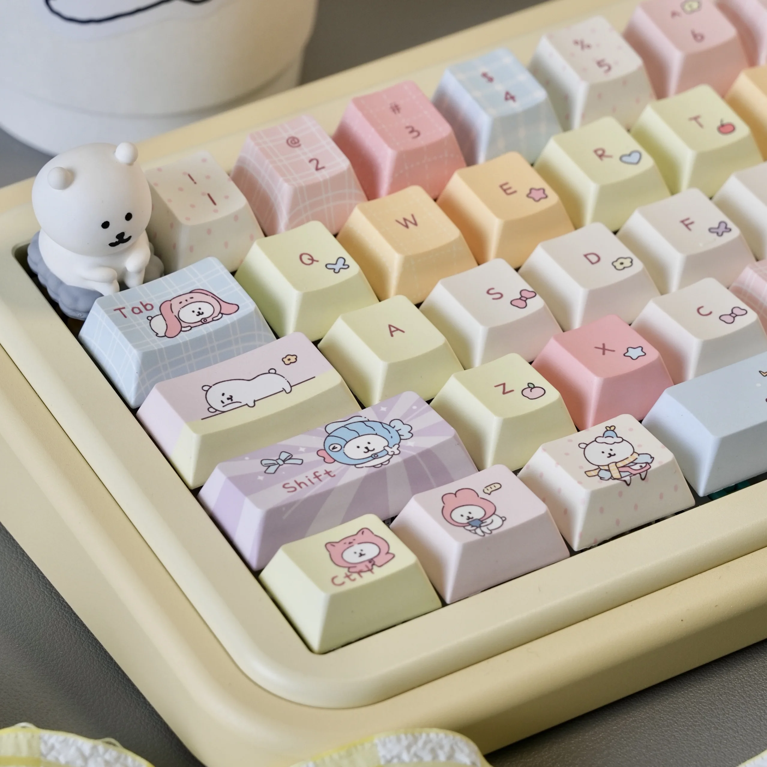 Self-Deprecating Bear Keycaps Cherry Moa Highly Cute Keycaps Pink Bear Wardrobe Cute Cartoon Keycaps 143Keys