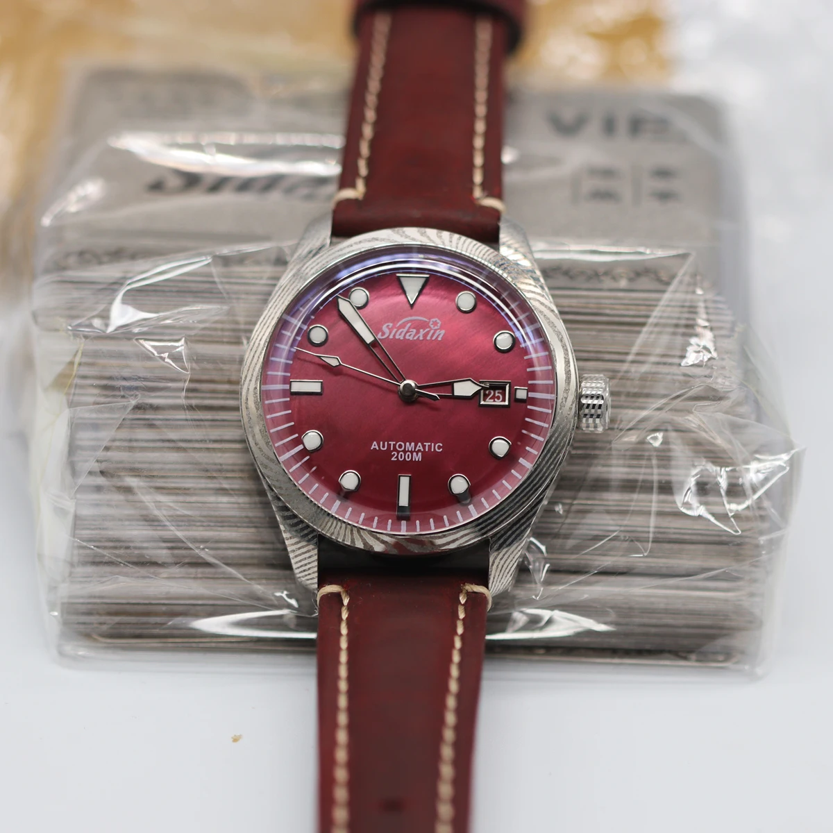 Sapphire glass   MOP/Meteorite/Mosaic Damascus dial  automatic Damascus/Mokume customized diving watch for men