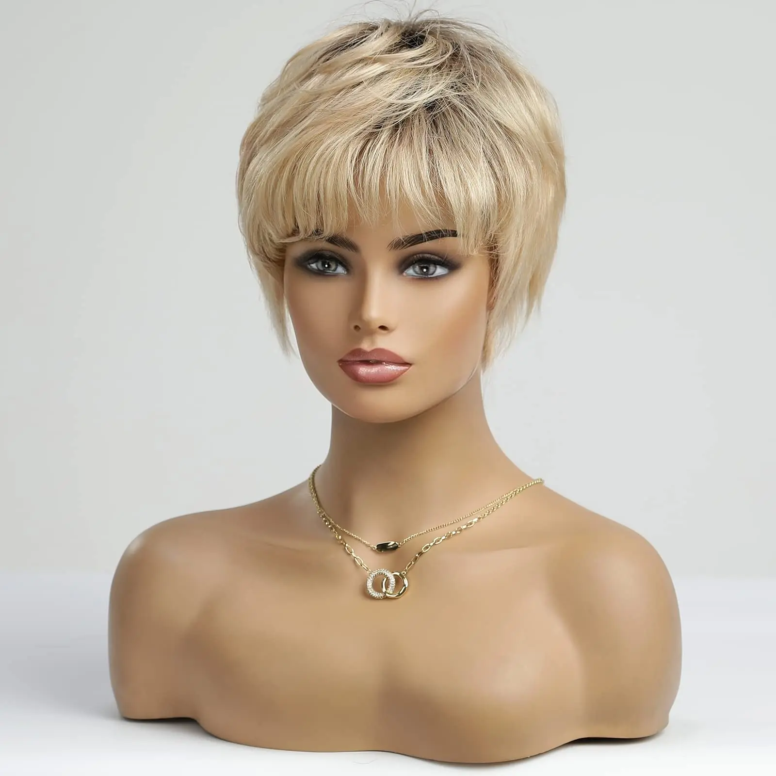 Short Ombre Blonde 100% Human Hair Wigs for Women Afro Remy Wig with Bang Pixie Cut Layered Human Hair Machine Made Women Wigs