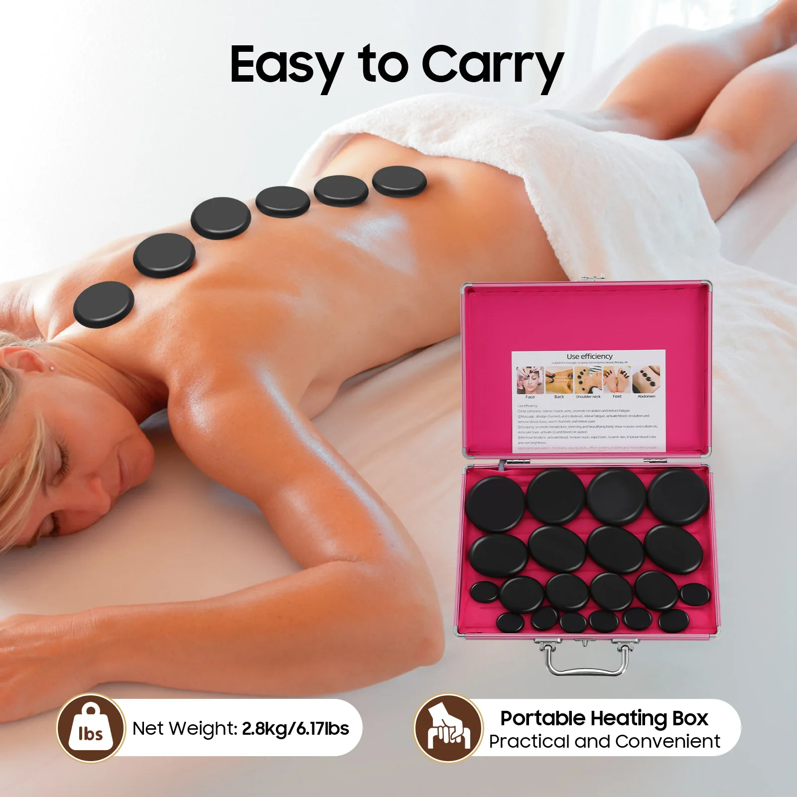 20PCS Hot Stones Massage Set,Portable Smooth and Natural Basalt Hot Rocks Set Massage Stone Warmer with Heater Box for Home spa