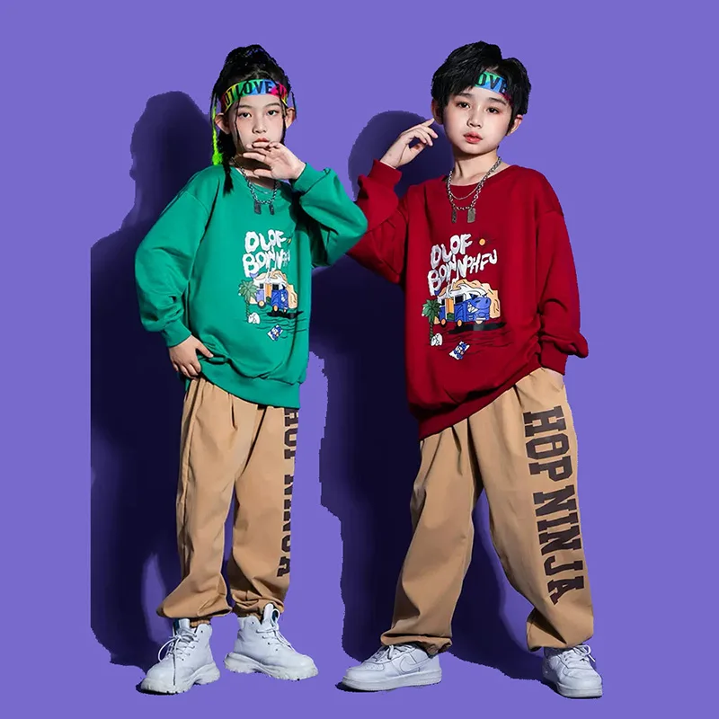 Top de moletom infantil Hip Hop estampado, calça casual street jogger cáqui, traje de dança jazz menina e menino, conjunto de roupas