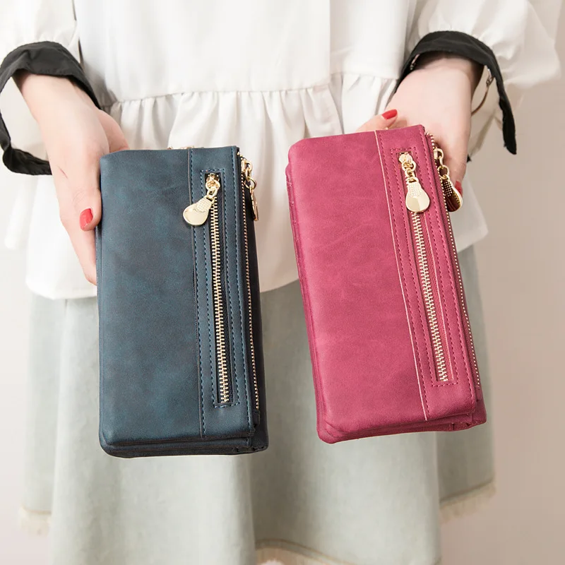 

Fashion Women Long Wallets Dull Polish Leather Wallet Double Zipper Day Clutch Purse Wristlet Portefeuille Handbags Card Holders