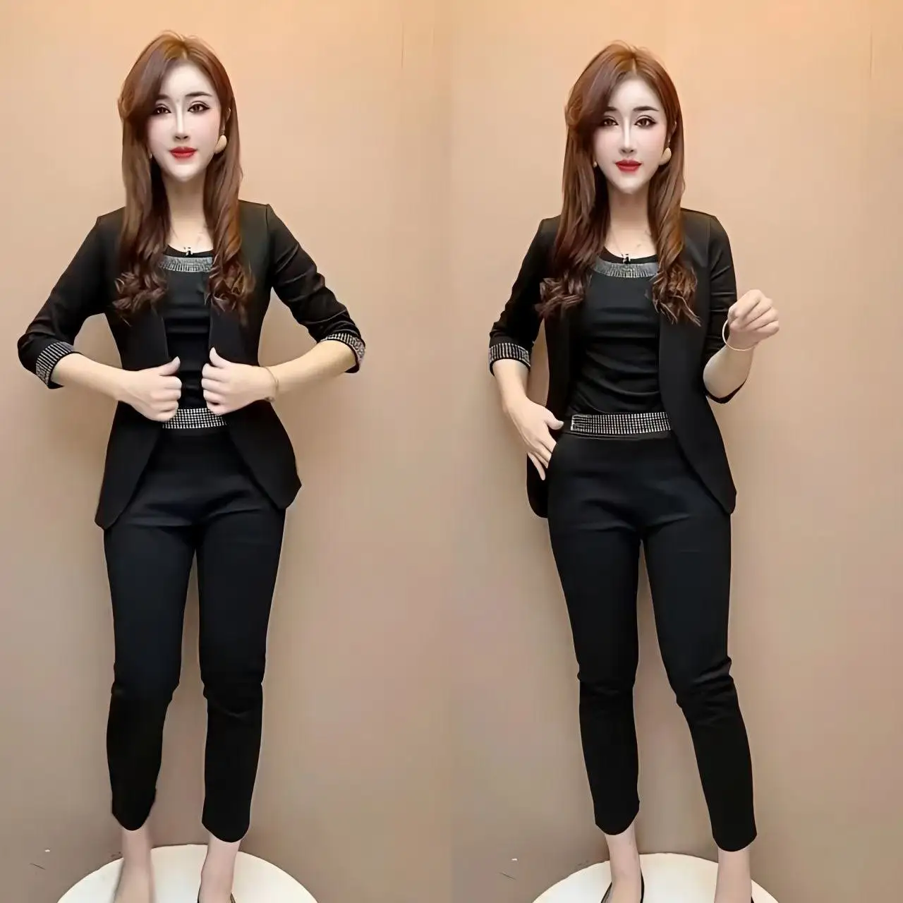 Elegant Slim Fit Rhinestone Embellished Vest Top And Bottoms Three Piece Set 300g Cotton Blend Roman Style Women's Suit