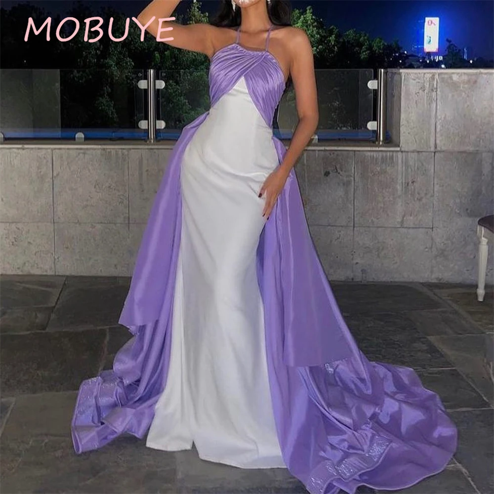 MOBUYE 2024 Popular Halter Neckline Prom Dress  Floor-Length With Sleeves Evening Fashion Elegant Party Dress For Women