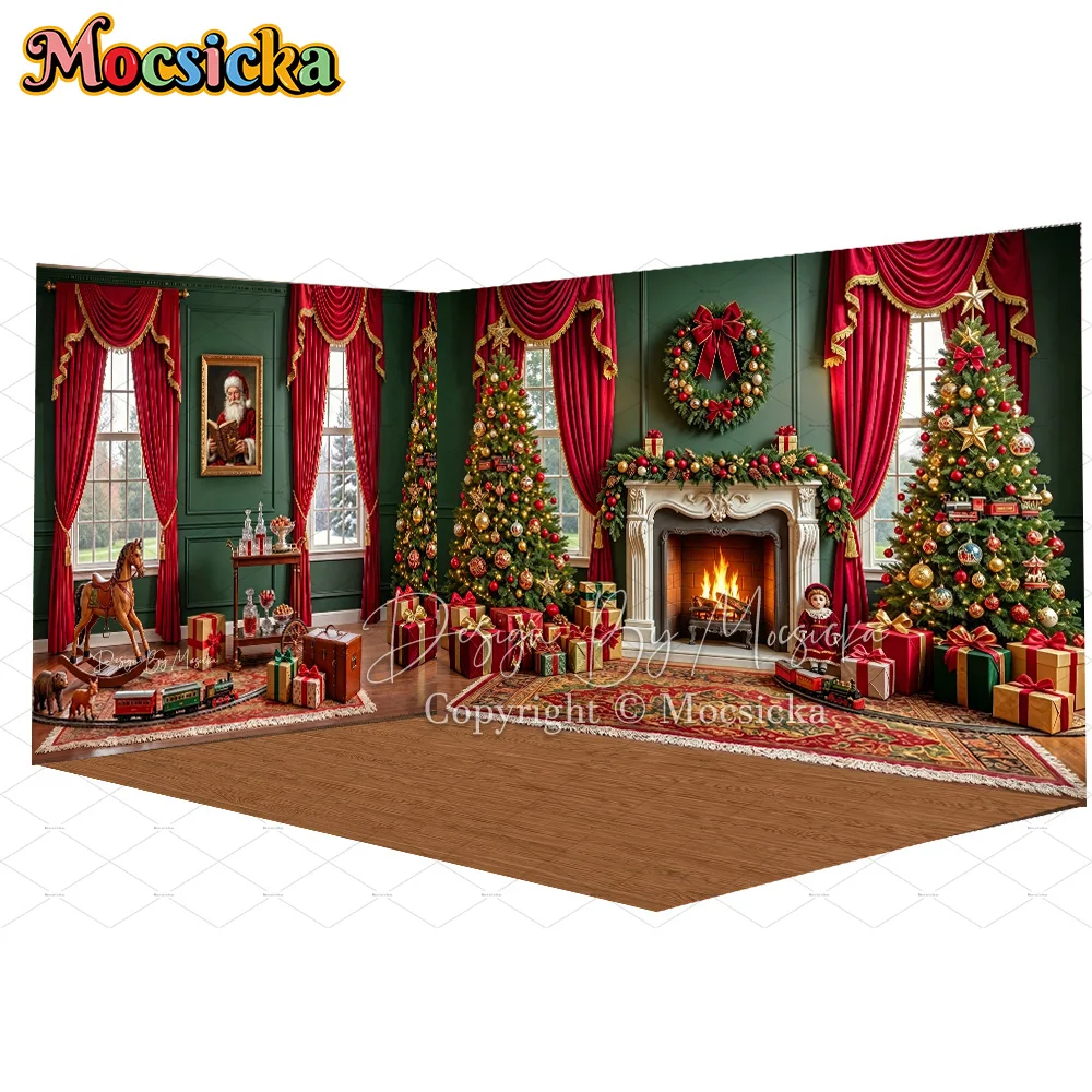 Mocsicka Vintage roter Weihnachtsraum-Hintergrund für Fotografie, grüner Kamin, Weihnachtsbaum, Spielzeug, Geschenk, Hintergrund, Winter, Kinder, Familienfoto