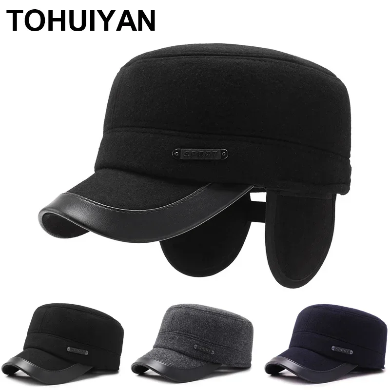 Top Level Earflap Military Hat for Men Vintage Flat Top Cap Thicken Woolen Winter Caps Male Cadet Army Hats Man Warm Caps Gorras