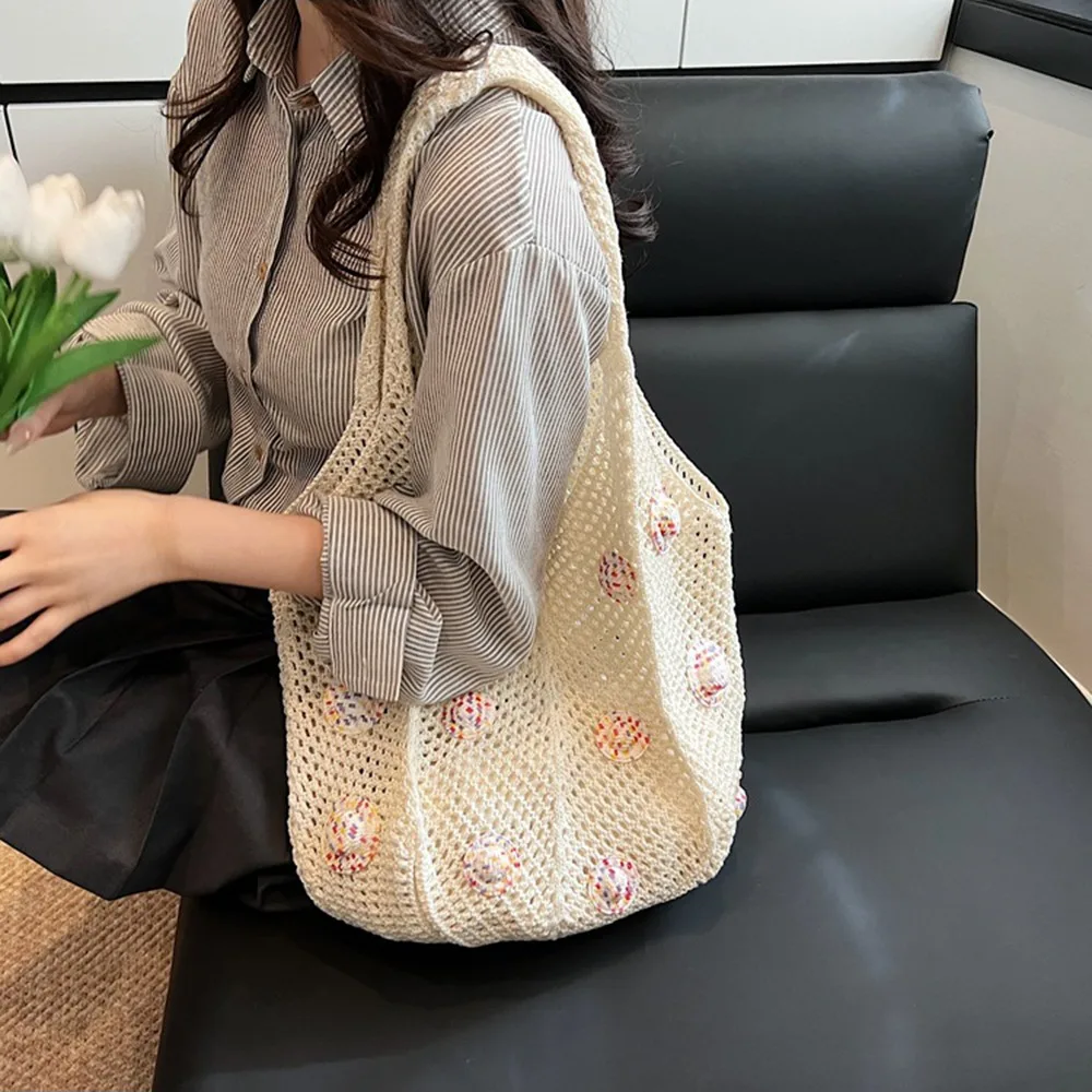 

Simple Sweet Woven Beach Bag Large Capacity Hollow Out Knitted Handbag Lazy Style Soft Casual Tote Bag Girls