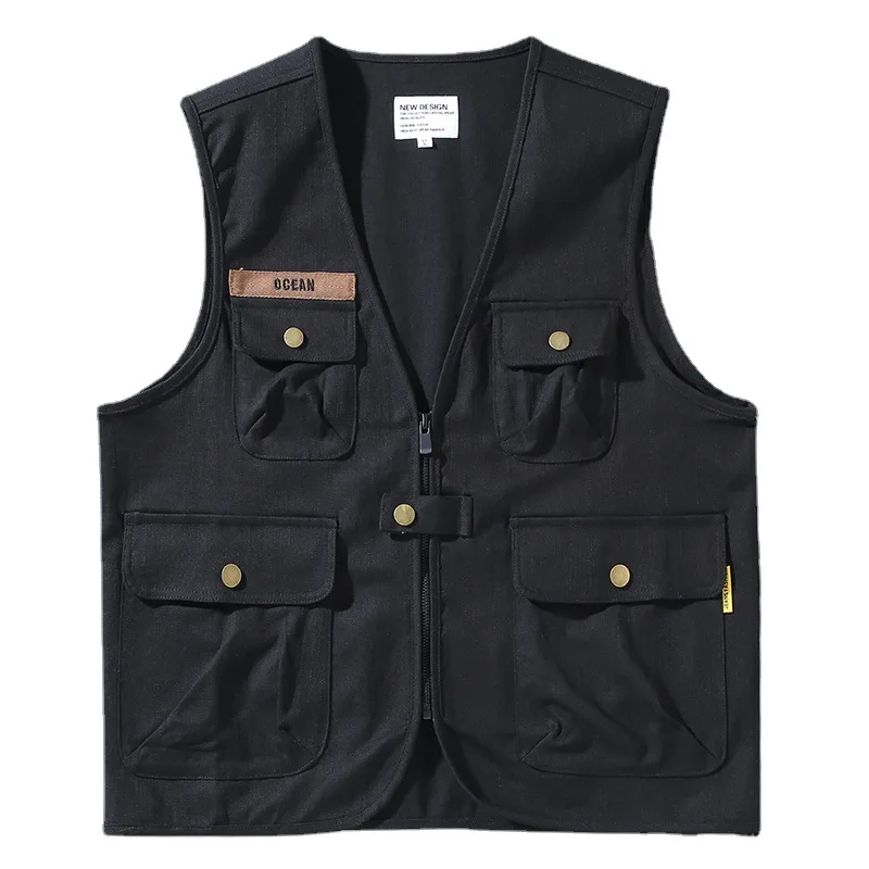 Autumn Workwear Vest Men's Outerwear Denim Multi Pockets Cargo Functional Style Waistcoat Sleeveless Jacket Man Vest For Bikers