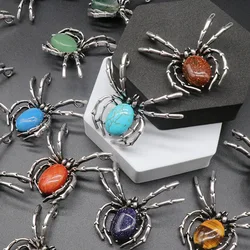 Natural Gem Stone Spider Brooch for Backpacks Jackets Hats Pants Jewelry Accessory Natural Quartz Halloween Spider Pin Brooch