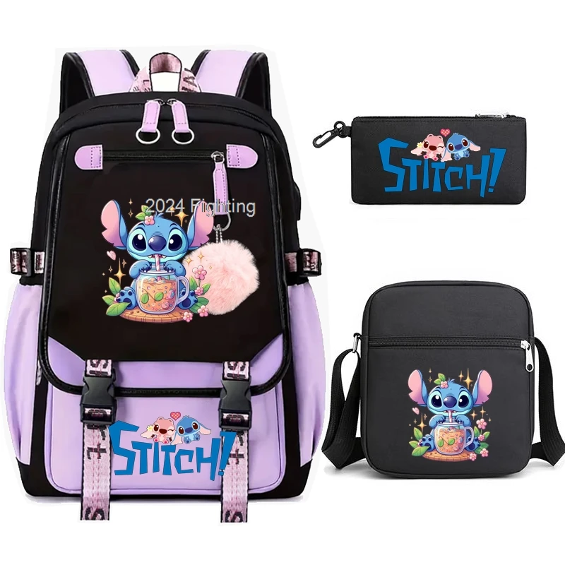 

3pcs Lilo And Stitch Backpacks USB Teens Girl Boy SchoolBags Laptop Rucksack Cartoon Junior School Student Mochila Female Male