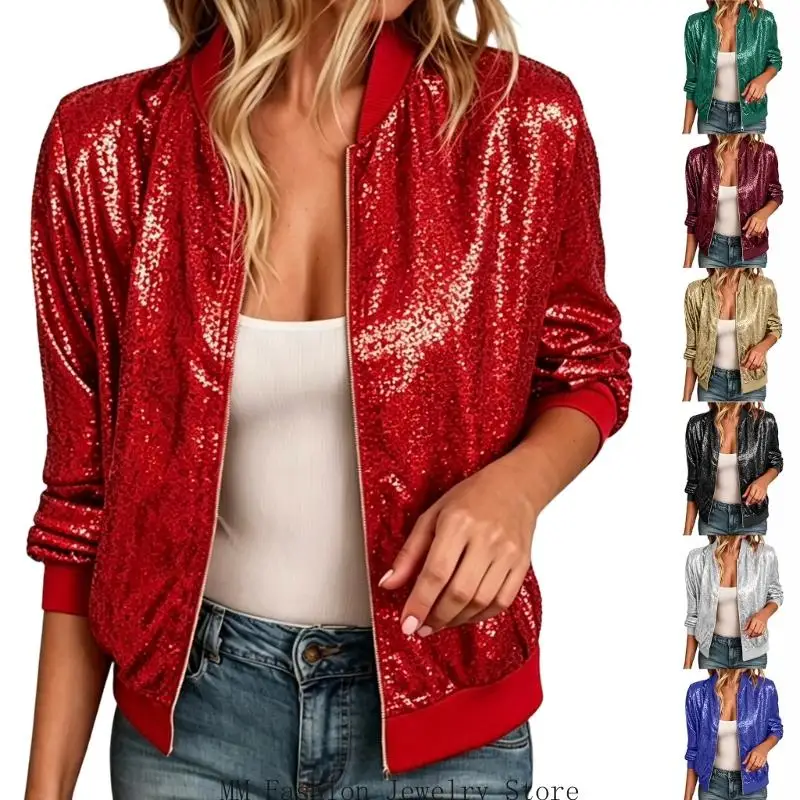 Womens Sequined Jackets with Pockets Casual Long Sleeve Front Zips Party Coat D0UB