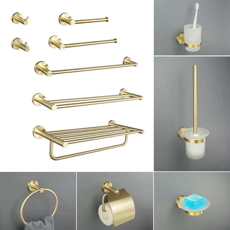 Brushed Gold Bathroom Accessories Set - Toilet Brush Holder Paper Holder Towel Ring Bar Shelf Clothes Hook Soap Dispenser Cup Ho - view 2