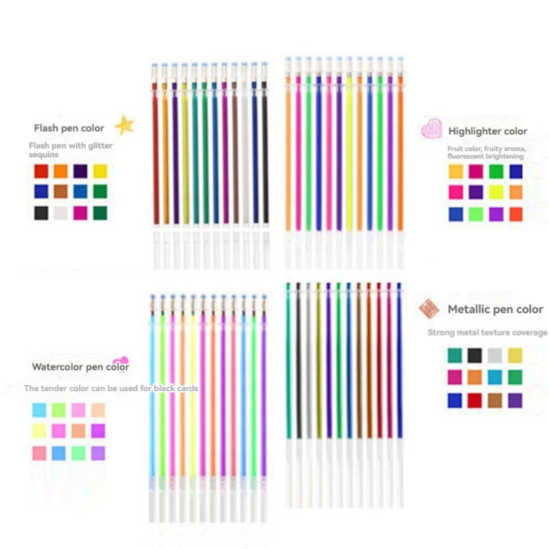 100/12 Colors Gel Pen Refills Glitter Metallic Pastel Fluorescence Neon Pen Ink Refills for Adult Coloring Books Scrapbooking