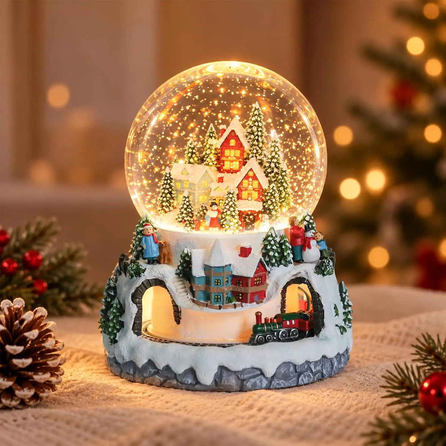 Christmas Snow Globe Music Box Featuring a Moving Train and Snow Village
