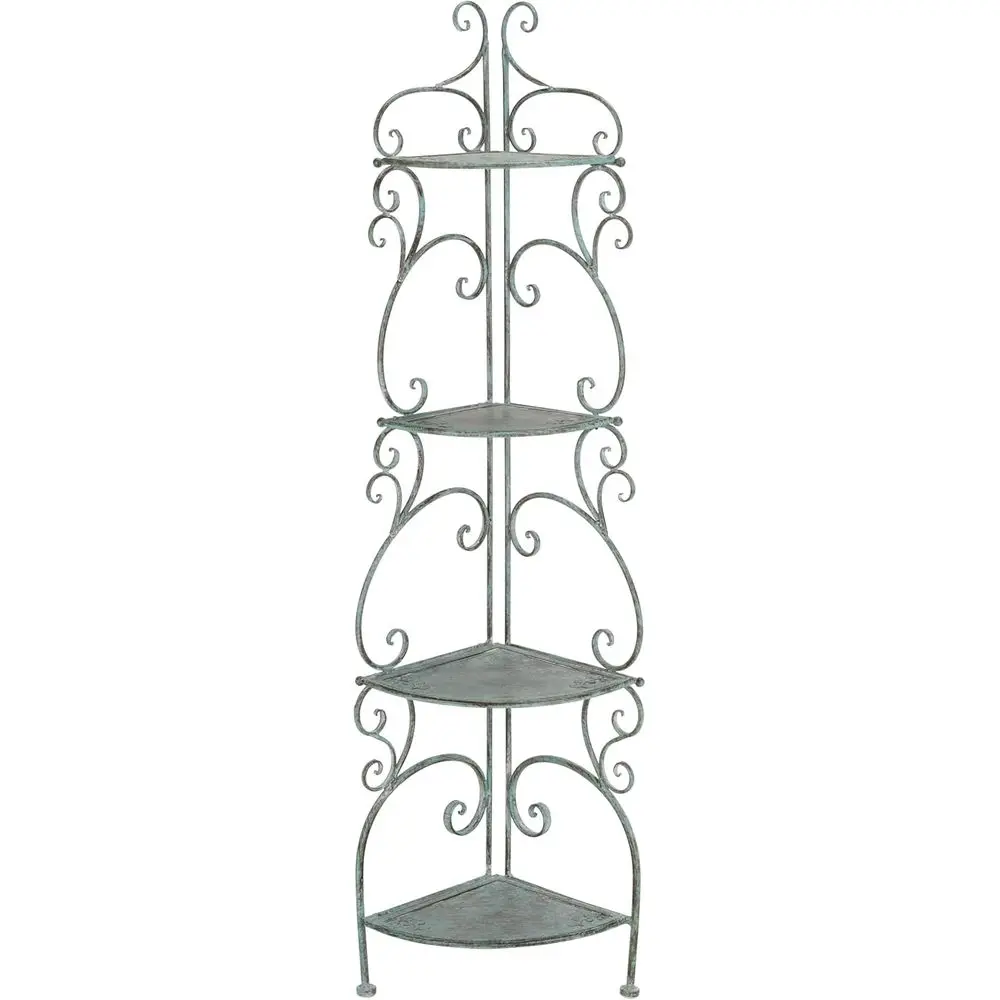 

Антикварная зеленая 4-ярусная уличная полка из кованого железа, полностью собранная