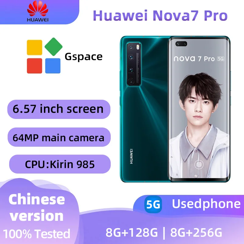 هاتف Huawei Nova 7 Pro 5G الذكي Kirin 985 8GB RAM 128GB 256GB ROM 4000mAh 64.0MP الكاميرا الرئيسية NFC هاتف مستعمل أصلي