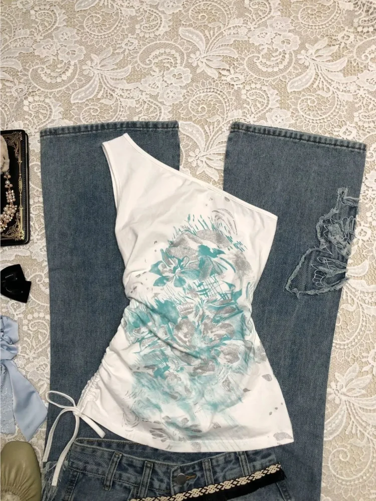 Vintage bedruckte schulterfreie weiße Westen für Damen, 2025, neue Slim-Fit-Kordelzug-Design, bauchfreie Tops, lässige Y2k-Ästhetische Tanktops