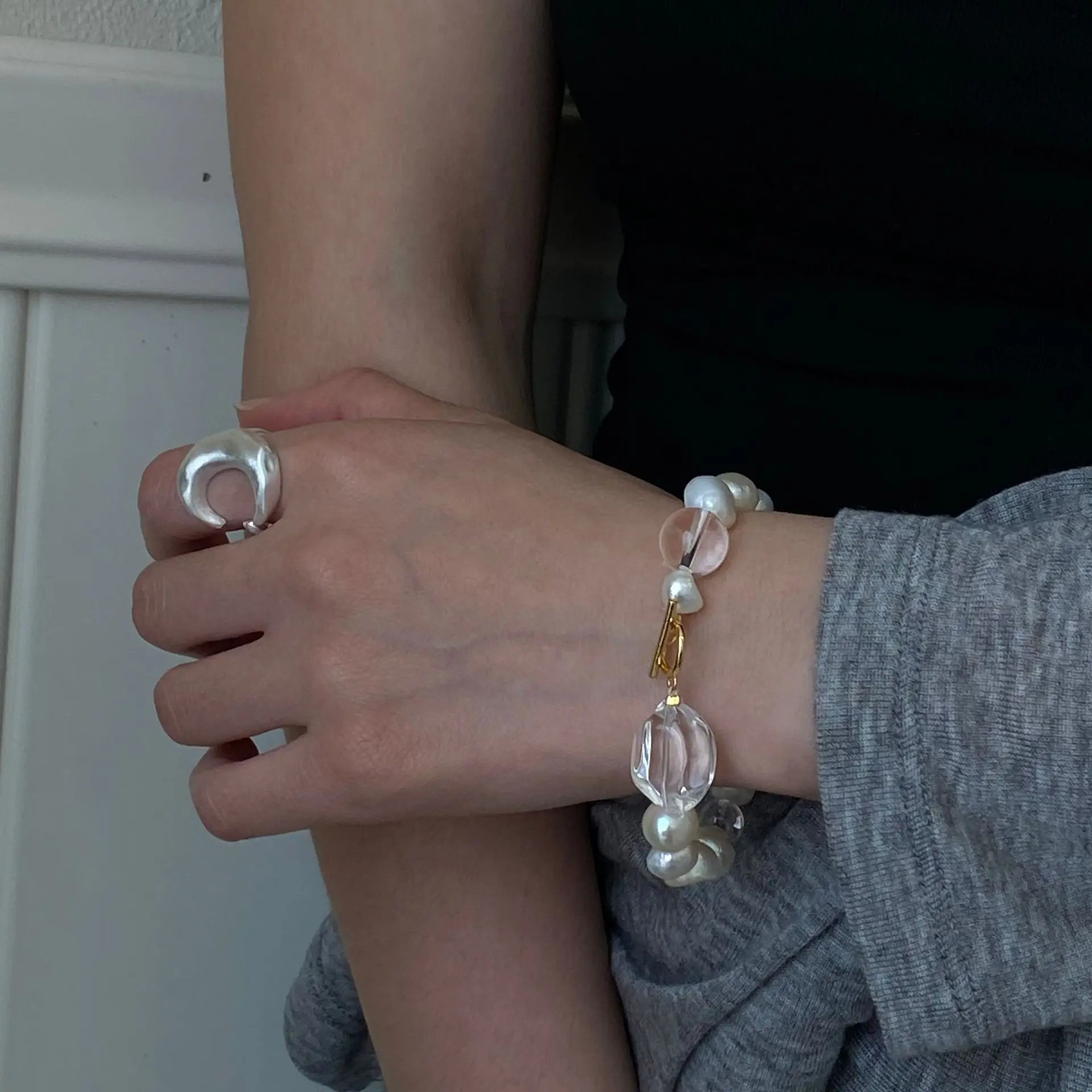 Pure S925 Silver Natural Pearl Bracelet Women Men Lover Jewelry Designer T Show Runway Gown INS Japan Korean
