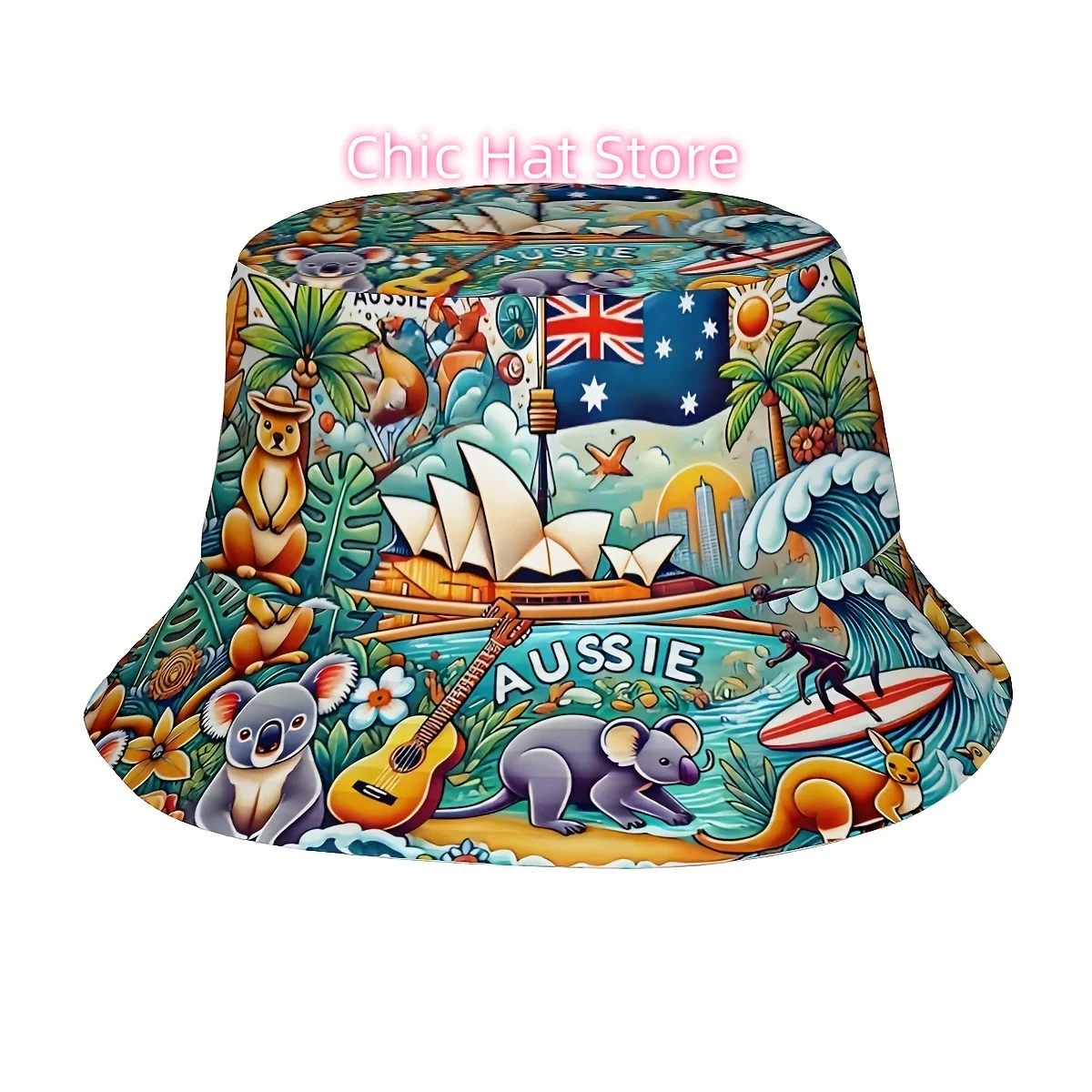 1pc Australian Flag Kangaroo & Koala Print Bucket Hat - Unisex Outdoor Fishing with Iconic Wildlife Design for Beach, Hiking, Ca