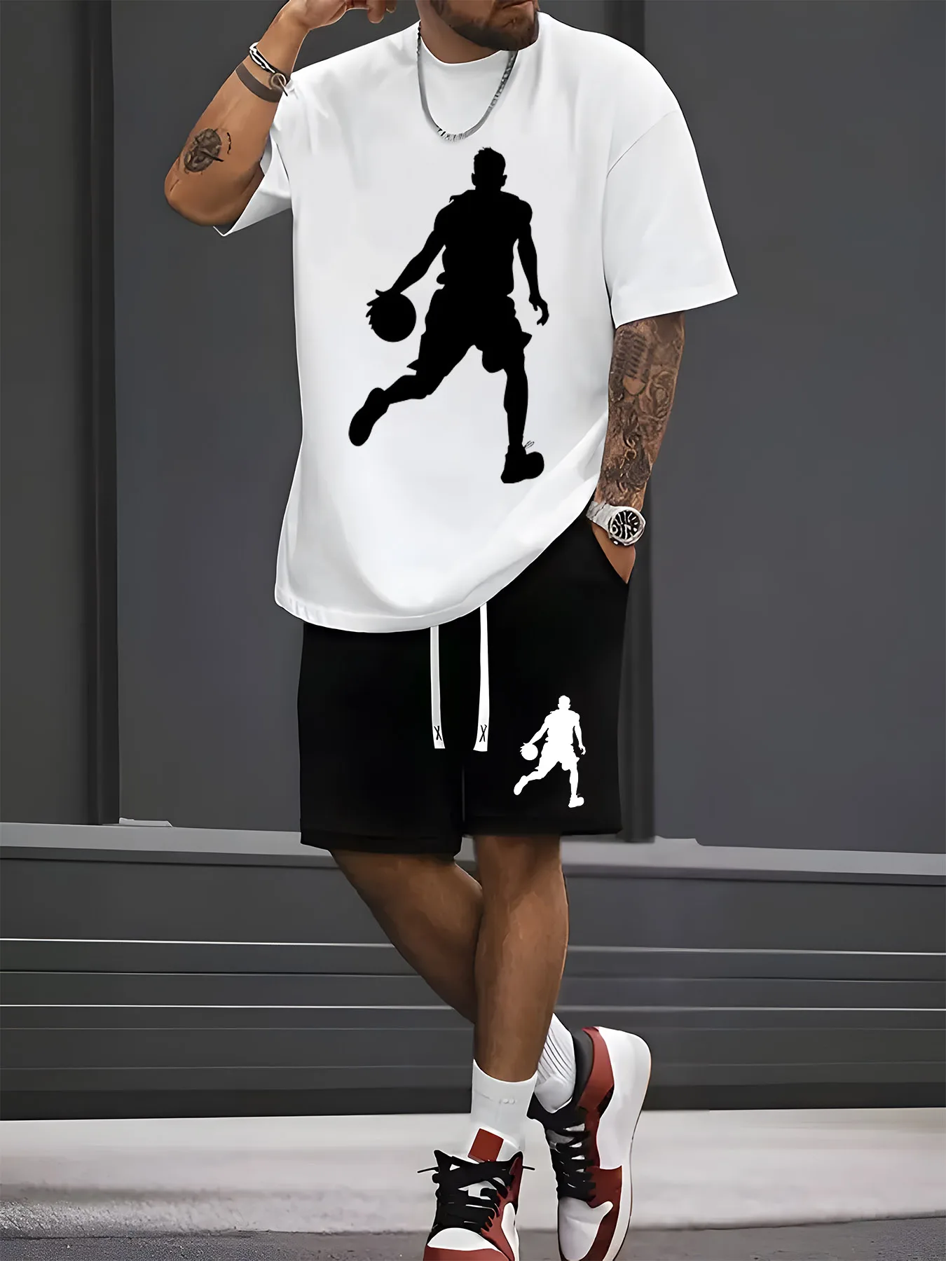 Summer Men's Fashionable Breathable Comfort Set Basketball Player Print Crew Neck T-Shirt and Shorts Set Outdoor Casual Top