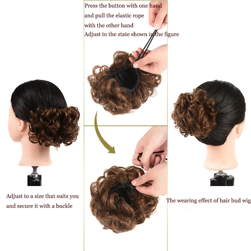 حزم الشعر الاصطناعية البني والأشقر المجعد، الشعر البني الداكن فوضوي، ذيل الشعر غطاء كعكة عالية ذيل حصان تمديد الشعر وهمية