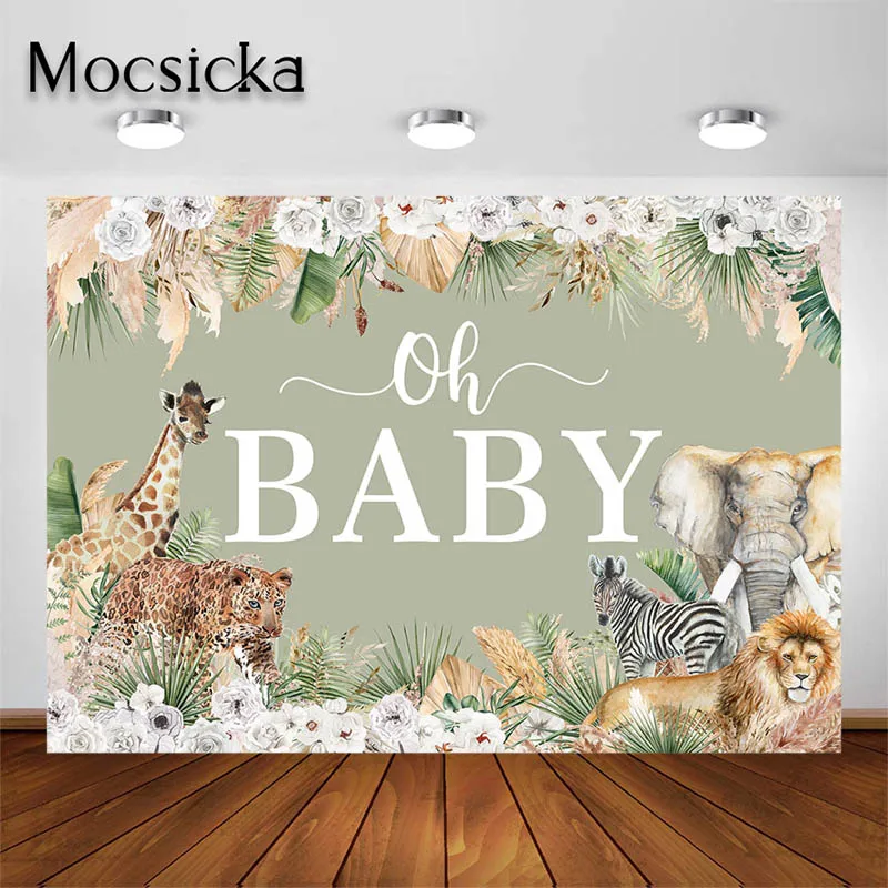 

Mocsicka Green Safari Jungle Animals Baby Shower 1st 2nd Birthday Wild One Party Decorations Photography Backdrops for Baby Girl