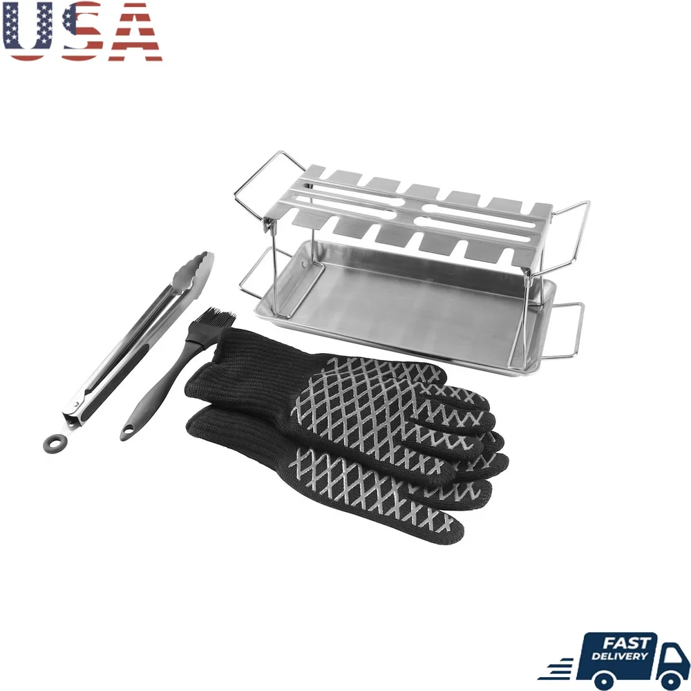 

6pc Stainless Steel Chicken Hanger Rack Grilling Set with Drip Tray Tongs Heat Resistant Gloves Basting Brush BBQ Cooking