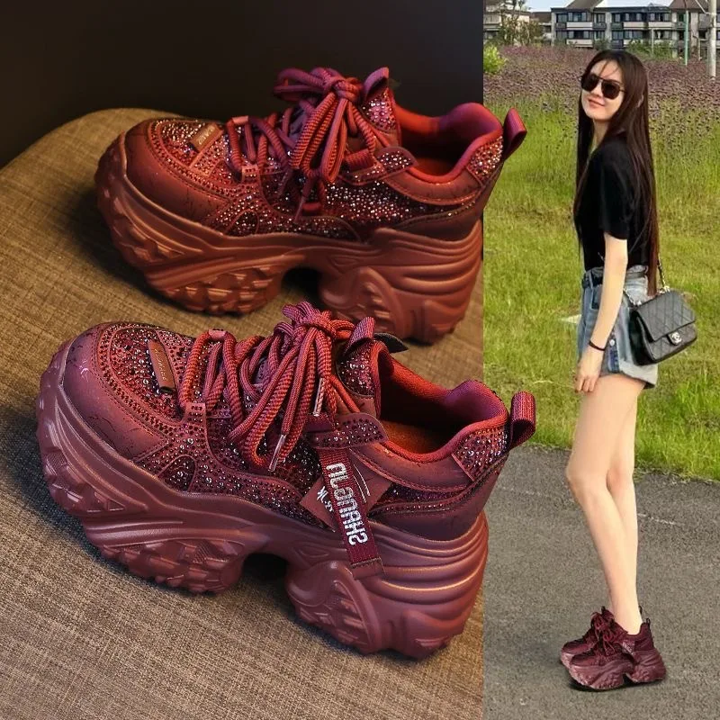 

Fashionable Diamond Decorated Mom Shoes Women's Thick Bottom Breathable Casual Sports Shoes Retro Style Flat Head Rubber Sole