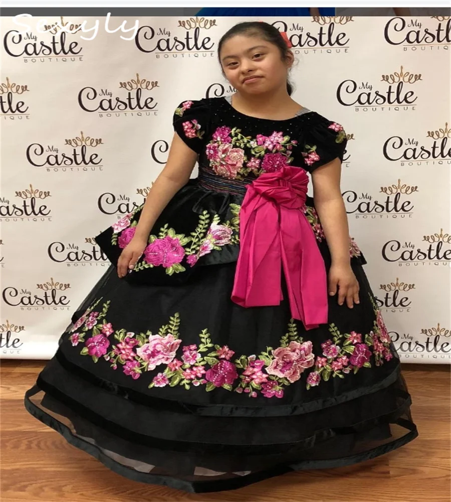 Vestido de princesa bordado con flores para niñas, Mariachi, vestido mexicano elegante para Navidad y cumpleaños, desfile, faja Charro personalizada