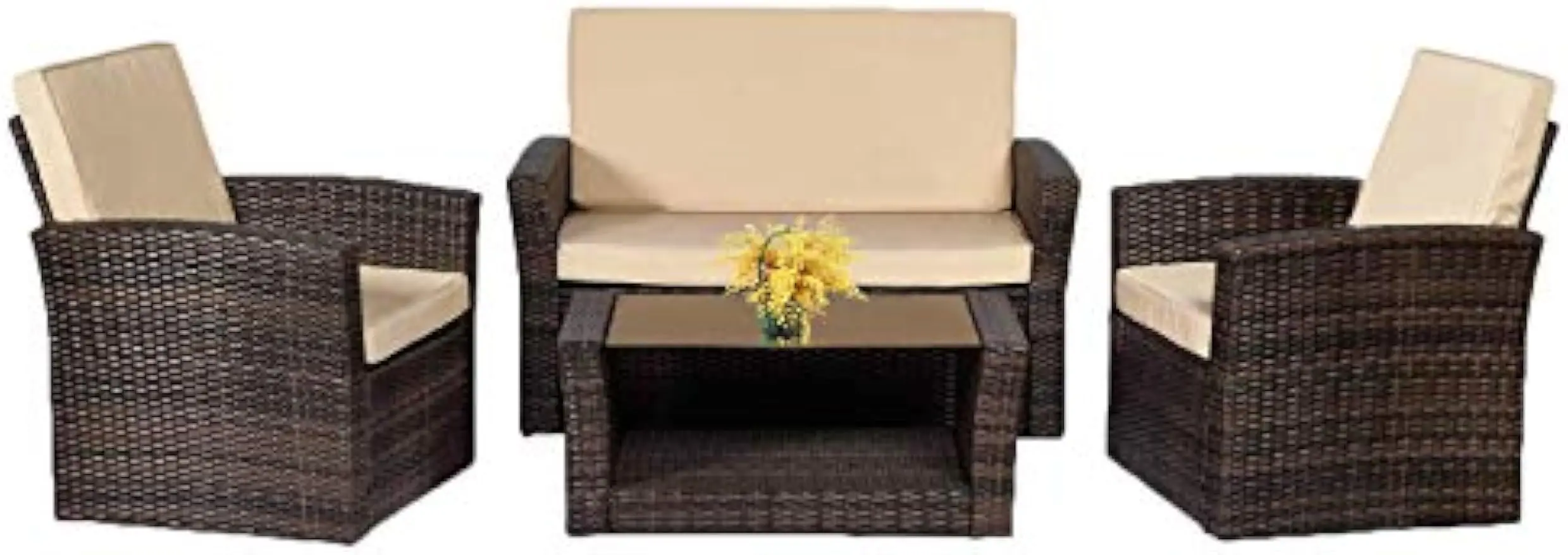 

Sectional Sofa Rattan Chair Wicker Conversation Set Outdoor Backyard Porch Poolside Balcony Garden Furniture with Coffee Table