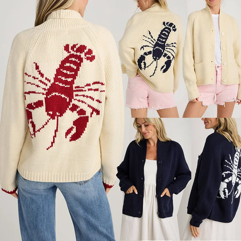 

2025 Winter Women's Casual Office Cardigan Single Breasted Long Sleeve Shrimp Print Knitted Open Front Top