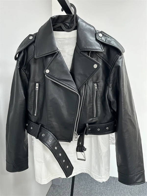 2025New Coal graysty le Gewassen leren damesjas met riem, korte jas met doorgestreepte ritssluiting en vintage reversjas
