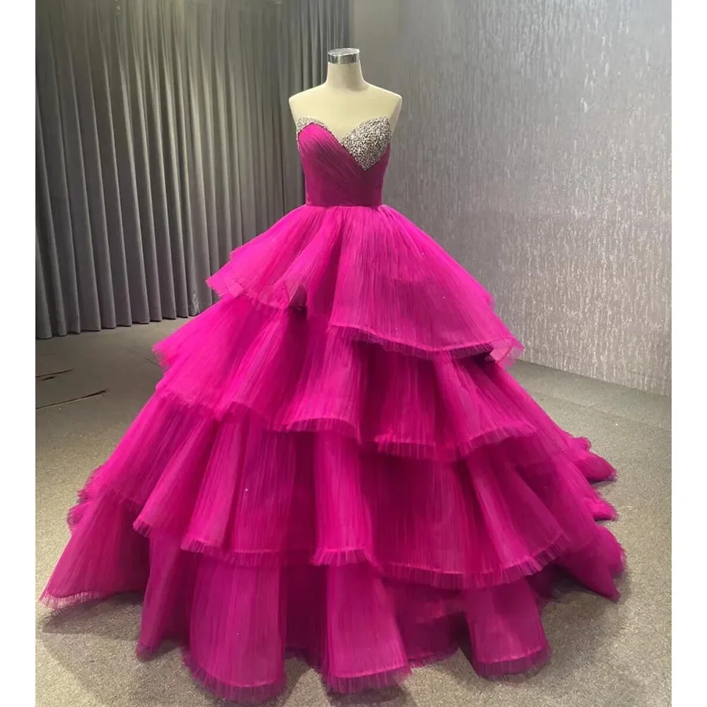 

Exquisite Sweetheart Sleeveless Crystal Prom Dress Fashion Tiered Pleat Court Train Floor Length Ball Gowns Party Evening Dress