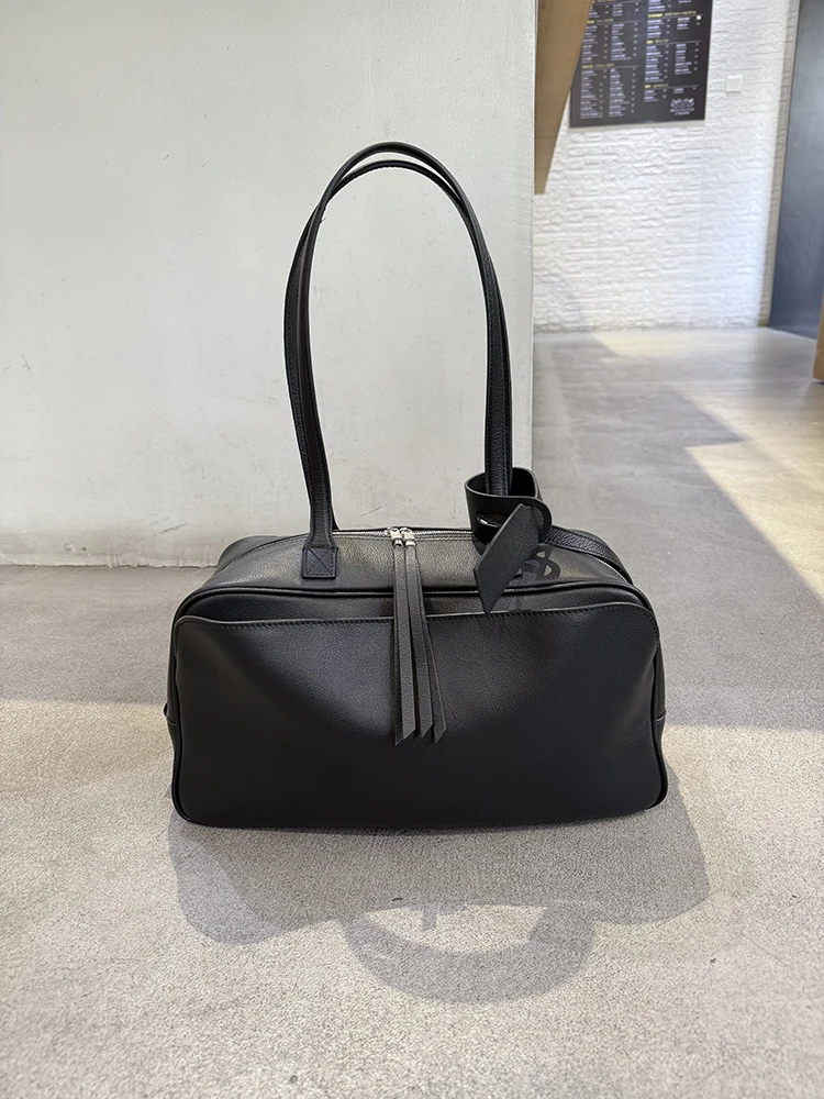 Office Ladies Genuine Leather Zipper Casual Bag Handbag Front Pocket Without Hidden Buttons Women Single Shoulder Underarm Bag