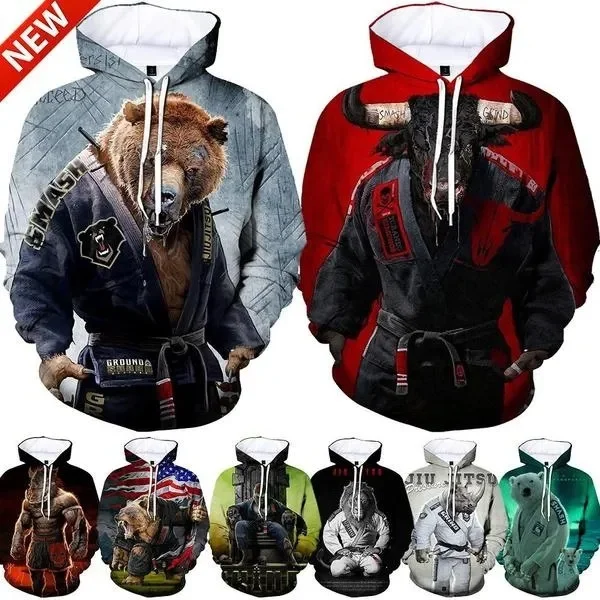 

2023 New BJJ Animal 3D Print Hoodie Men Jiu-Jitsu Lovers Cool Fashion Long Sleeve Pullover Harajuku Style Streetwear Hoodies