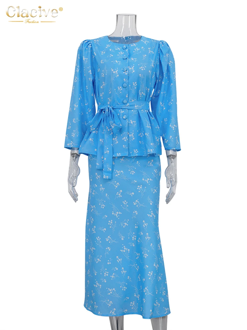 Women's Two-Piece Skirt Set - Long Sleeve Shirt and High-Waist Skirt
