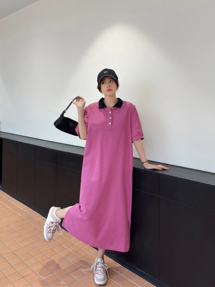 الصيف المرأة فستان طويل محبوك النسيج بولو طوق المتضخم فستان قصير الأكمام Vestidos رداء Elbise فضفاض ميدي ألف خط فساتين