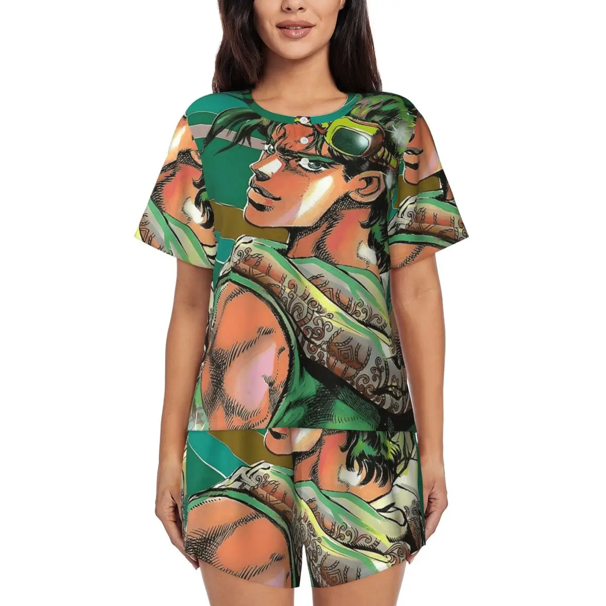 

Jojo Bizarre Adventure Joseph Joestar Anime Round Neck Short Sleeves Nightdress for Sleepshirts Women Pajama Set Short Pants