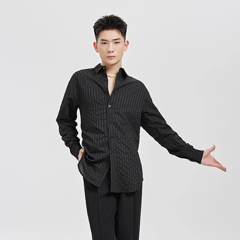 الرجال الوطنية القياسية اللاتينية الرقص قميص الكبار الذكور طويلة الأكمام شريطية قمصان قاعة الرقص ممارسة الأداء القمم BL13678