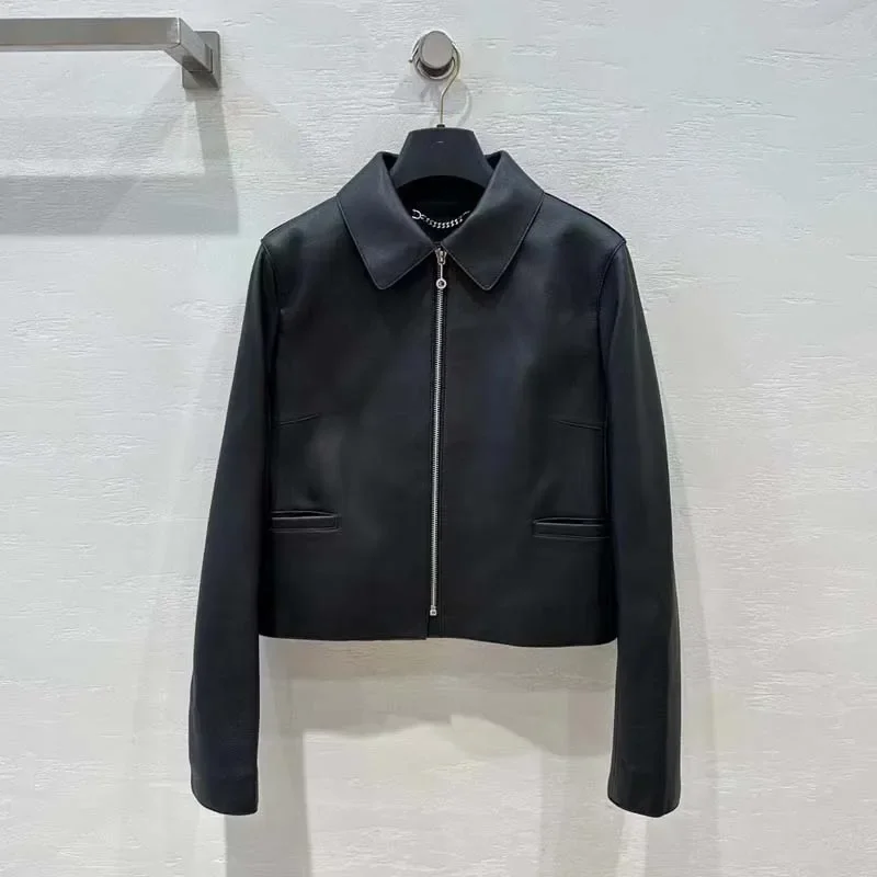 

Women Coat Spring 2024 New Fashion Fine Grained Lambskin Short Length Turn-Down Collar Clothes Perfect Workmanship