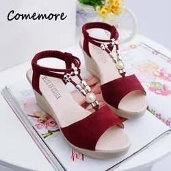 Summer Ladies Platform Wedge Sandals with Rhinestone Red Beige Casual Comfortable Slope Heel Open Toe Shoes Women's Luxury