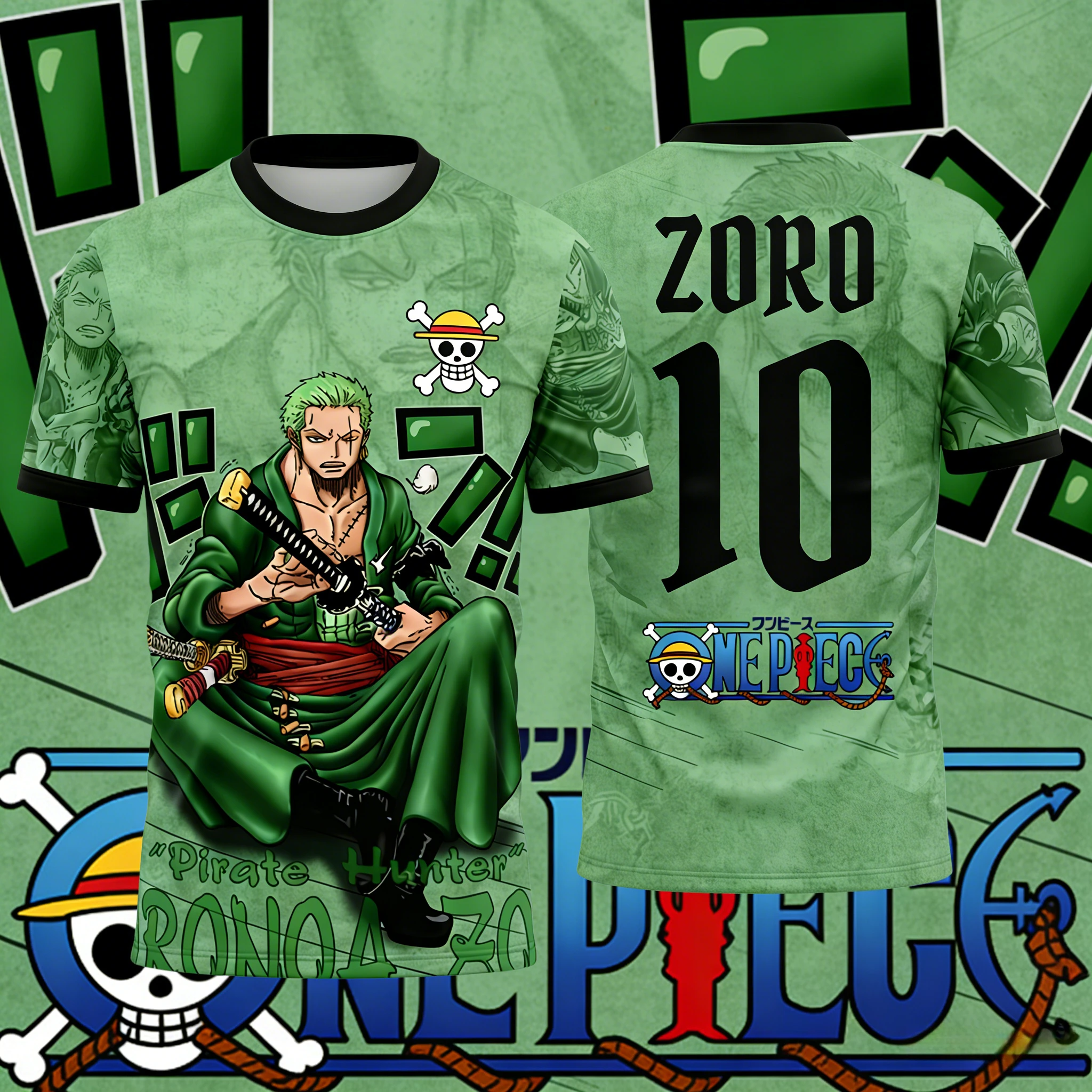 2026 Sommer One Piece Roronoa Zoro Retro 3D-Druck Anime Piratenjäger Schnelltrocknendes Sport-T-Shirt für Erwachsene & Kinder, Otaku Streetwear