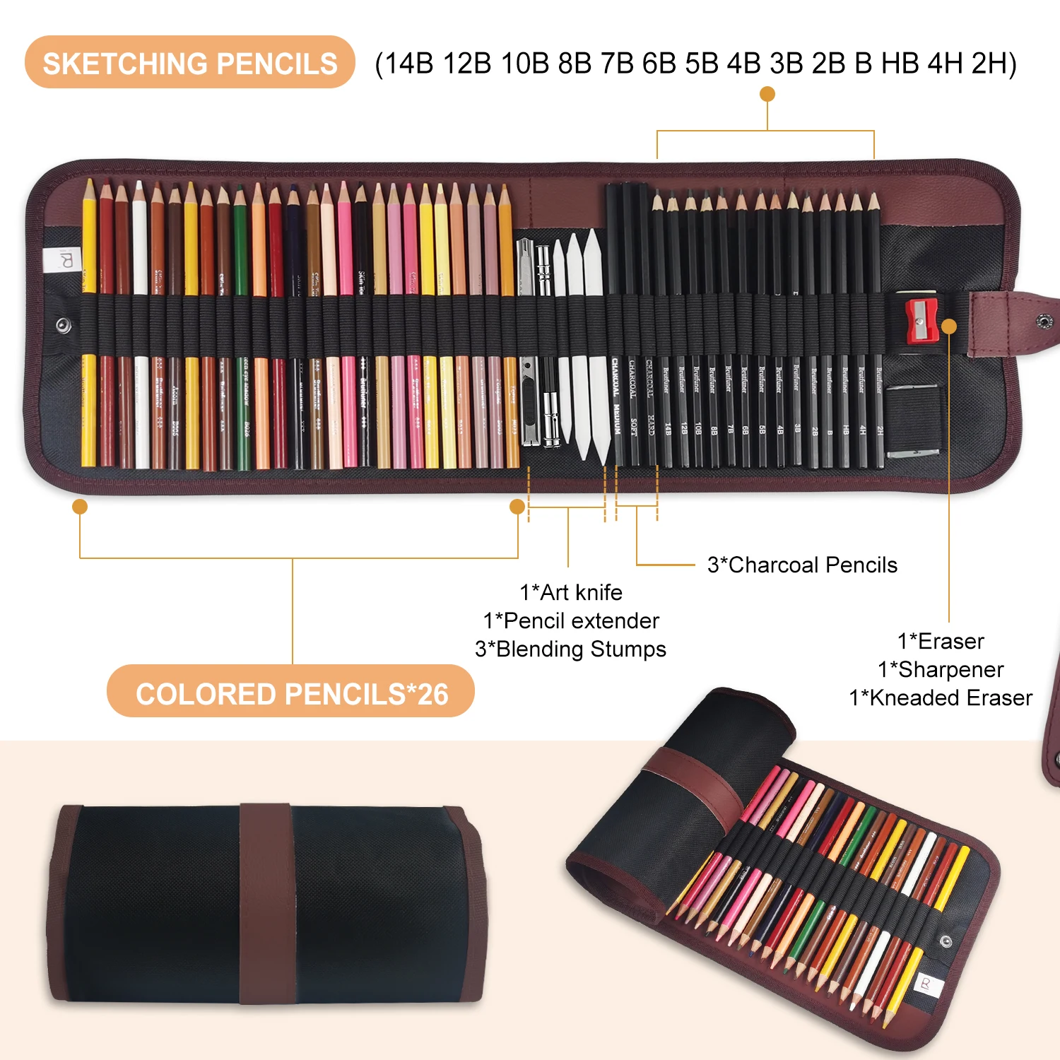 29/36/52Pcs Drawing Kit Sketching Pencils Set,Portable Pen Curtain-Charcoal Pencils,Sketch Pencils,Eraser,Pencils Colored Set