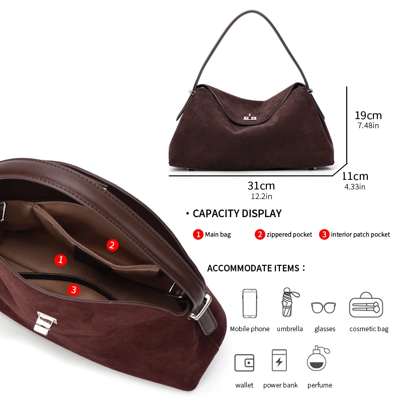 New Women's Natural Suede Leather Tote Bag Luxury Designers Large Capacity Real Leather Handbag Removable Daily Crossbody Bag