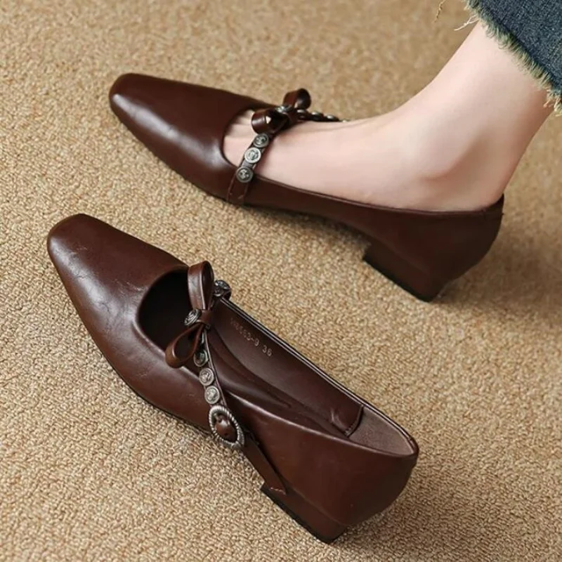 Ladies Square Toe Low-Heeled Sheepskin Mary Jane Shoe for Summer Autumn Fashion Dress Pumps with Butterfly-knot