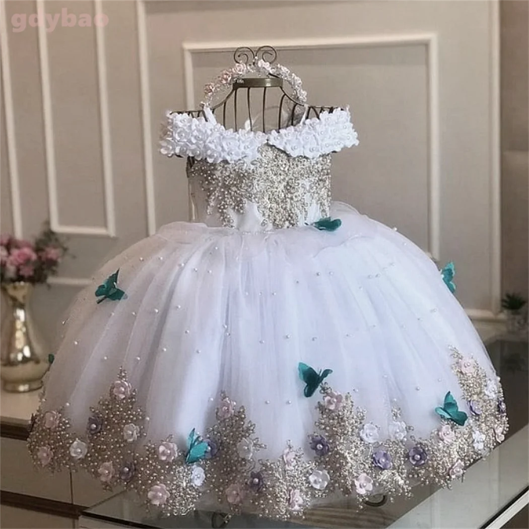 Baby Girl Birthday Dress Lace Pearls Infant Tutu Dress Princess Flower Girl Dress Cap Sleeve Long Christmas Gown