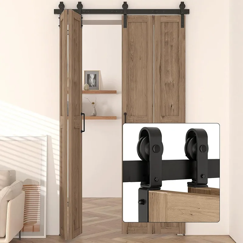 Wear Resistant Barn Door Hardware, Folding Double Door Track Hanger for Living Room & Kitchen Sliding Door